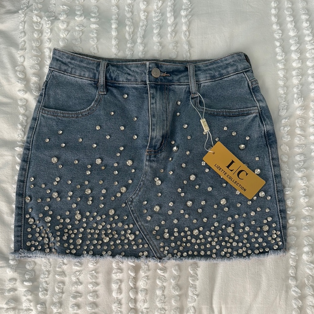 Blue Silver Embellished Mini Skirt A-line Casual